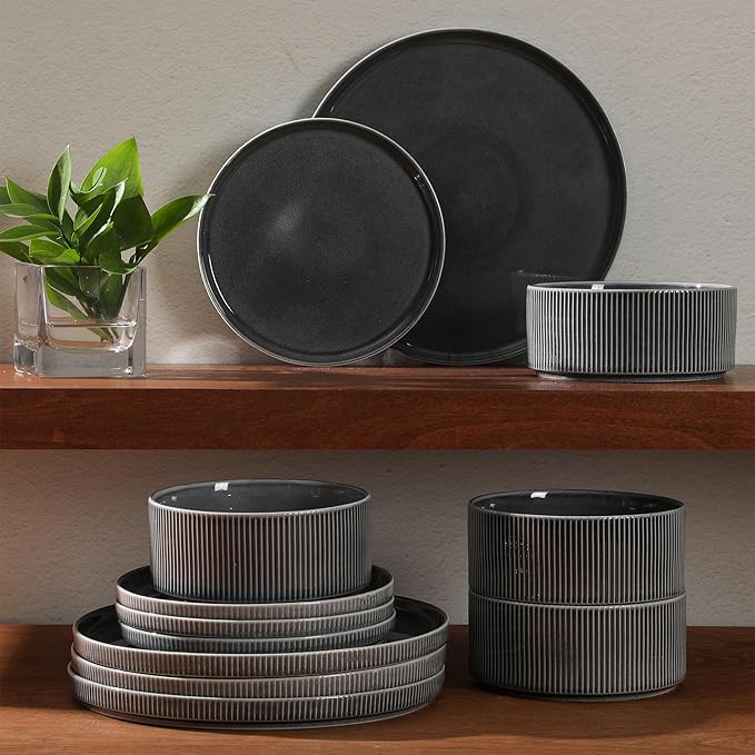 Gibson Elite Solana Coast 12 Piece Stoneware Reactive Glaze (Service for 4) Ceramic Plates and Bowls Modern Shape Embossed Dinnerware Set - Black