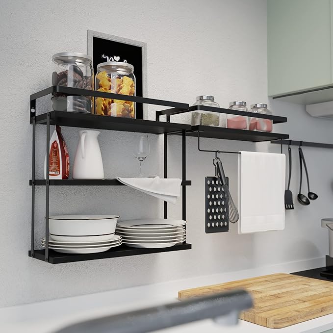 RICHER HOUSE 3+1 Tier Wall Mounted Floating Shelves Set of 2, Rustic Wood Wall Shelf with Metal Frame, Extra Storage Rack for Bathroom, Kitchen, Bedroom with Tissue Rack & Towel Bar - Black