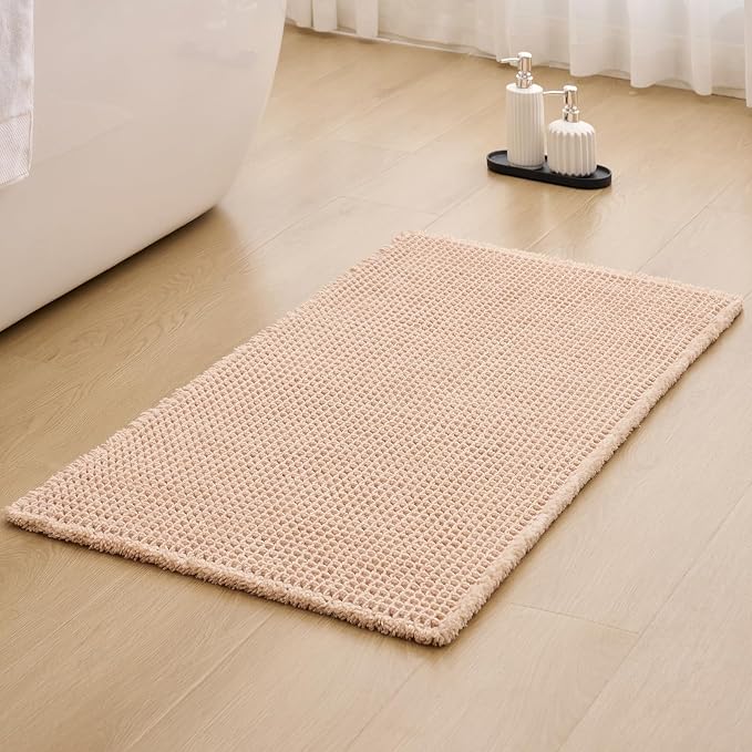 ILANGO Upgraded Waffle Bath Mat,Super Absorbent Boho Non Slip Bathroom Rugs Quick Dry,Ultra Soft Machine Washable Mats with Tassels for Floor,24x36,Beige