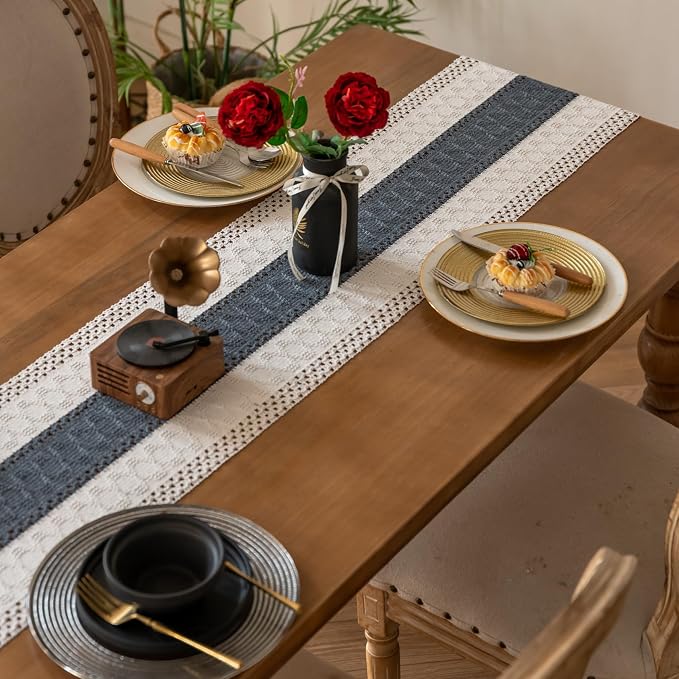 EMMTEEY Boho Table Runner with Tassels- Scratch & Heat Resistant, 36 Inches Long Table Runner Cotton Linen Macrame Handmade for Dining Table/Wedding Décor (12"X36", Stone Blue)