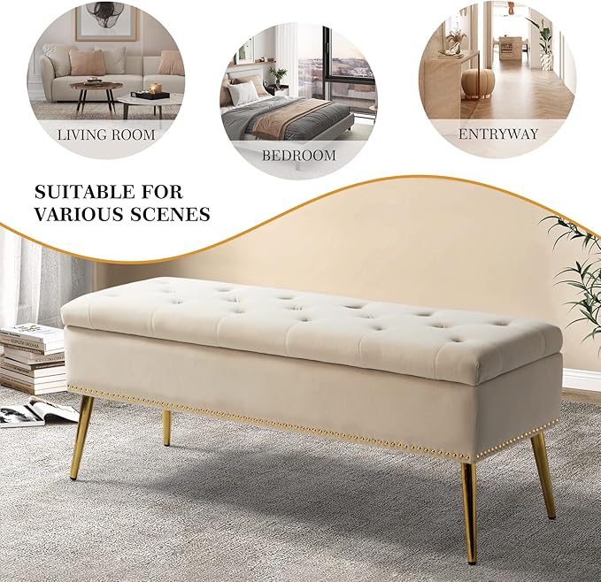 HULALA HOME Modern Velvet Storage Ottoman Bench with Gold Base & Nailhead Trim, Upholstered Bedroom Bench for End of Bed, Button-Tufted Footstool for Entryway Living Room Dining Room, Tan