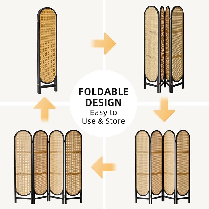 4 Panel Room Divider, Double Hinged Foldable Wooden Room Divider, Individual Privacy Screen Made of Hand-Woven Rattan, Portable Wall Divider for Home Office Bedroom Bathroom (Black Natural)
