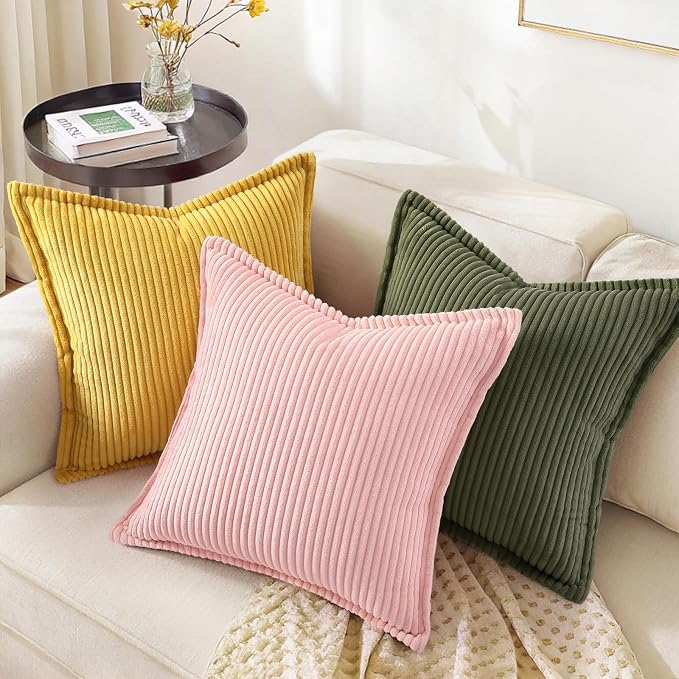 decorUhome Summer Corduroy Olive Green Throw Pillow Covers 20x20 Set of 2 Decorative Soft Boho Farmhouse Couch Pillow Covers for Living Room Bed Sofa Broadside Striped Pillow Cases