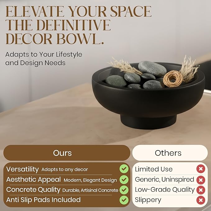 Handmade Concrete Decorative Bowl (Black) – Modern Minimalist Centerpiece for Coffee Table, Kitchen Counter & Entryway – Large 10” Artisan Fruit Bowl, Unique Home Decor Accent