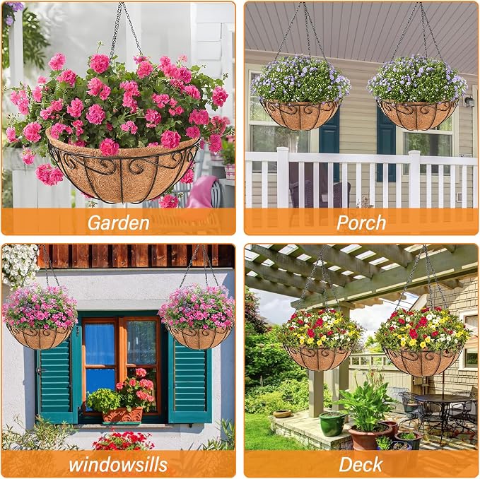Legigo 2 Pack 10 Inch Metal Hanging Baskets for Plants Outdoor- Round Wire Hanging Planters Basket with Coconut Coir Liner, Hanging Flower Pot for Outdoor Plants Flowers Garden Decorations