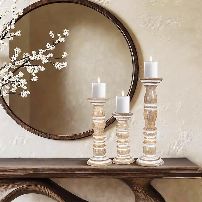 Wooden Candle Holder Set of 3 - Handcrafted Pillar Candle Stand (15", 12", 9") - Rustic Mango Wood Decorative Candle Holders for Home, Living Room, and Dining Table - Distress White