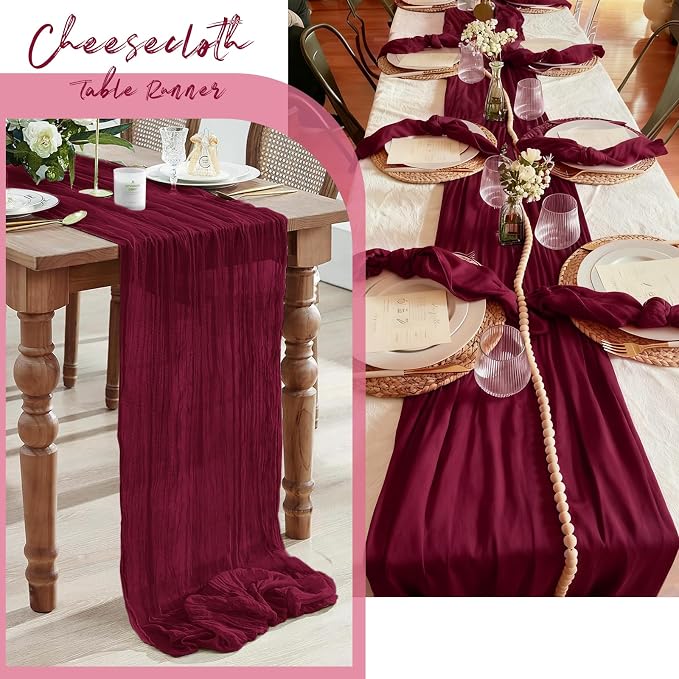 3 Pack Burgundy Cheesecloth Table Runner, 17 x 108 Inch, Gauze Cheese Cloth Table Runner Rustic Sheer Runner for Wedding Birthday Party Baby Shower Table Decor(Burgundy)