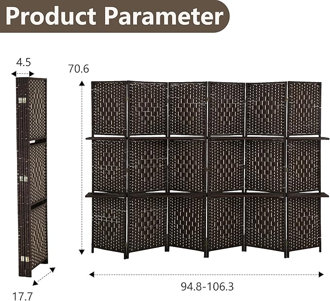 PayLessHere Room Divider Room Screen Divider Wooden Screen Folding Portable Partition Screen Wood with Removable Storage Shelves (Brown, 6 Panel)