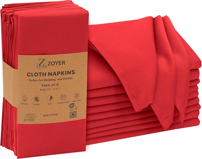Zoyer Cloth Napkins Set of 12, 18x18 Inches Cotton Enrich Napkins Cloth Washable, Soft & Durable Dinner Napkins for Parties, Wedding, Christmas, Thanksgiving & Everyday Use - Red