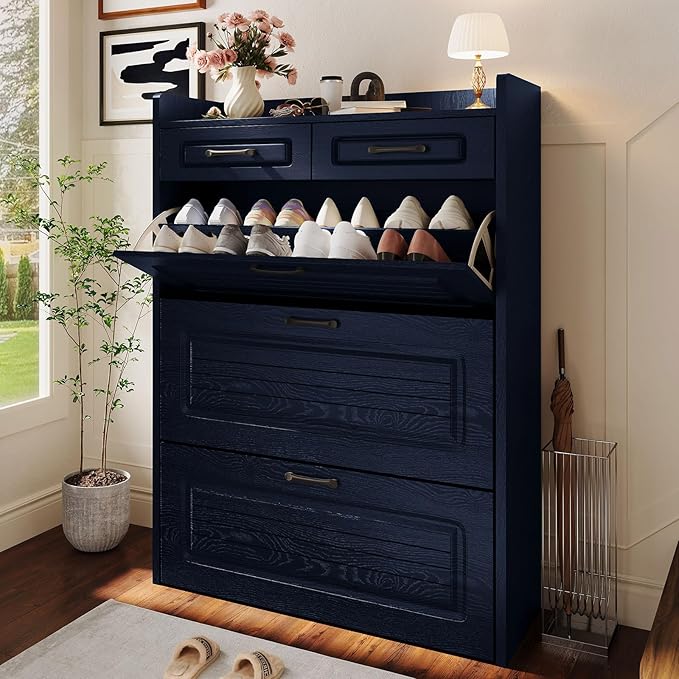 Shoe Cabinet with 3 Large Flip Drawers and 2 Storage Drawers, Narrow Shoe Organizer Cabinet Fits for Kinds of Shoes, Hidden Shoe Storage Cabinet for Entryway, Hallway, Blue