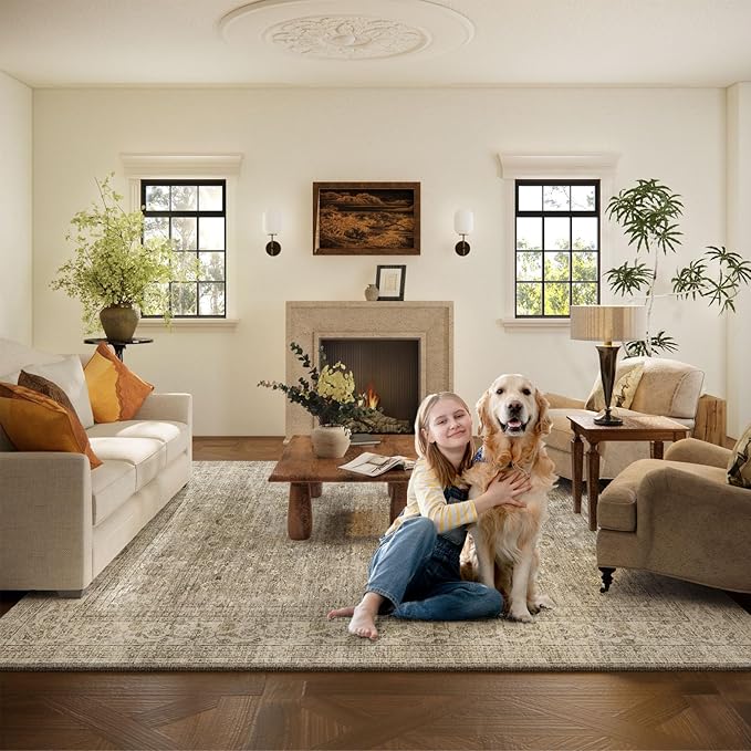 Machine Washable Rugs for Living Room: 9x12 Area Rugs for Bedroom Vintage Stain Resistant Non Slip Low Pile Lightweight Boho Carpet for Kitchen Dining Room Farmhouse Kids Room Nursery