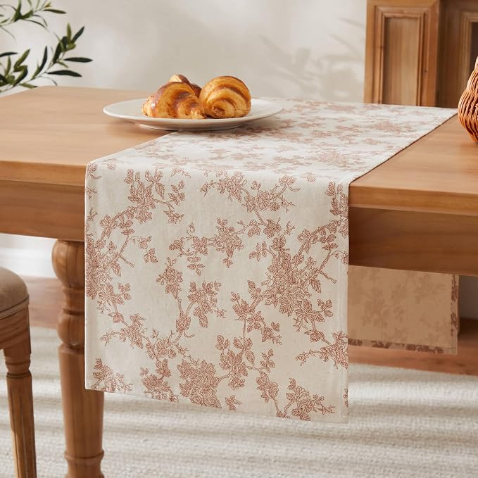 100% Cotton French Pastoral Table Runners, 13x72 Inch Terracota Farmhouse Table Runners 72 Inches Long, Vintage Flowers Print Home Decors