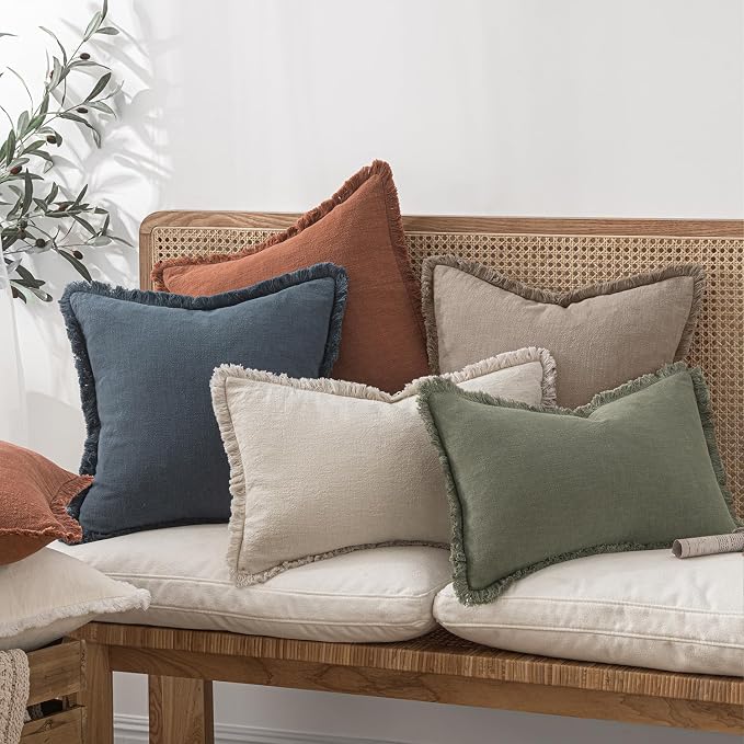 MIULEE Decorative Throw Pillow Covers Neutral Linen Fringe Throw Pillows Euro Shams Set of 2 Dune Boho Farmhouse Cushion Covers for Couch Sofa Bed Living Room Spring Home Decor 26x26 Inch