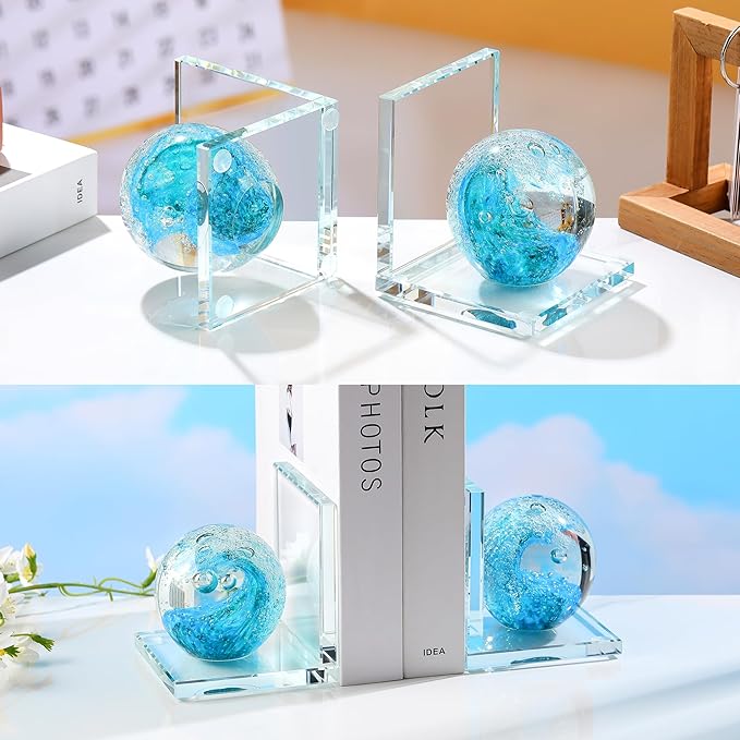 Book Ends for Shelves, Glass Bookends with Turquoise Crystal Hand Blown Sea Wave Ball, Non Skid Sturdy Glass Decorative Bookends for Ocean Lovers, Heavy Books, Office, Set of 2