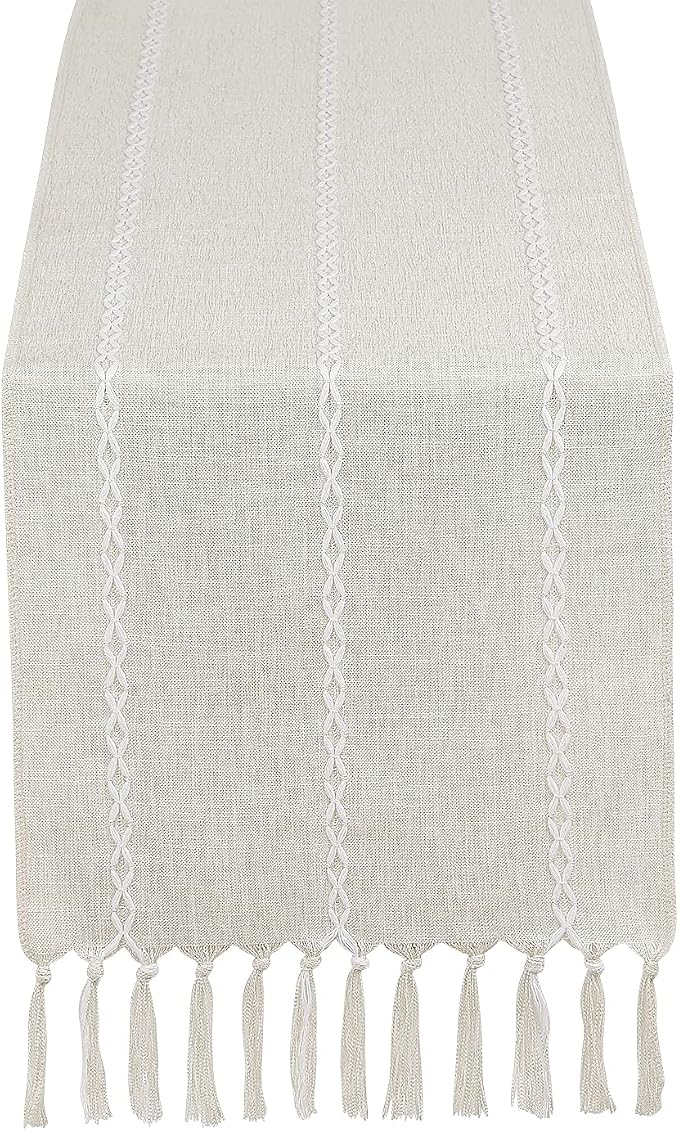 Rustic Farmhouse Style Linen Table Runner, Boho Handmade Fringe Braided Stripe Table Runners 48 Inches Long for Holiday Party, Wedding and Dining Decorations, 13 x 48 inch - Ivory