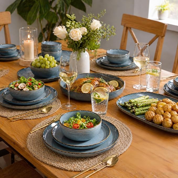 GBHOME Ceramic Dinnerware Sets for 6, 18 Pieces Stoneware Plates and Bowls Sets, Scratch Resistant Dishes, Dishwasher & Microwave Safe, Space Blue