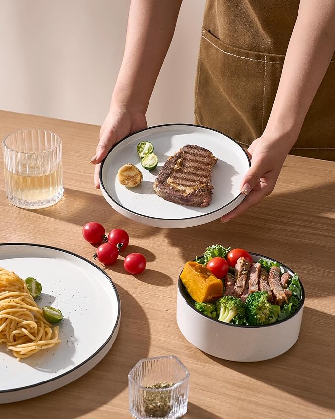 Famiware Nebula Plates and Bowls Set, 24 Pieces Dinnerware Sets, Dishes Set for 8, White with Black Rim