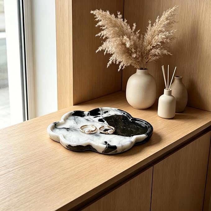Natural Marble Tray Cloud Shape Vanity Trays, Jewelry Trays Holder Dish for Bathroom Countertop Home Decor Gift Black-White