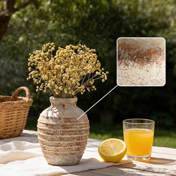 DOWAN Terracotta Ceramic Vase 6.6 Inch, Small Rustic Decorative Pottery Vase for Home Decor, Farmhouse Centerpiece Vase for Living Room Table Mantel Fireplace, Antique Earth Tone