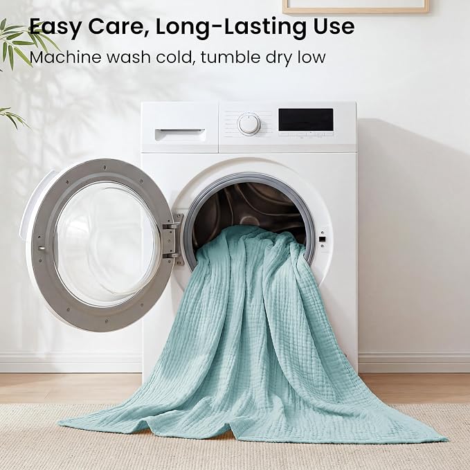 Love's cabin Cooling Muslin Blanket Queen Size, 50% Rayon Derived from Bamboo, 50% Cotton, 4-Layer Lightweight Breathable Summer Gauze Blanket for Bed, Soft for Hot Sleepers and Kids, 90"x90", Cyan