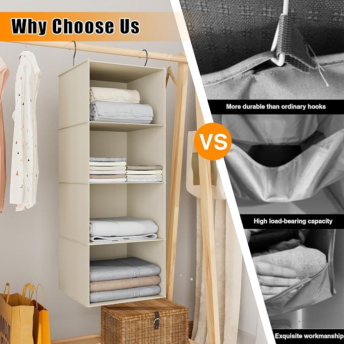 Hanging Closet Organizer, Easy Mount Foldable 4-Shelf Hanging Closet Wardrobe Storage Shelves, Clothes Handbag Shoes Accessories Storage, Washable Oxford Cloth Fabric, Beige