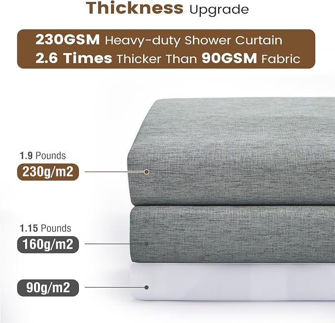 BTTN 3 in 1 Shower Curtain Set - 90 Inch Extra Long Linen Textured Cloth Shower Curtain Liner with Plastic Hook, Modern Hotel Luxury Waterproof Fabric Shower Curtain for Bathroom, Grey/Gray, 72x90