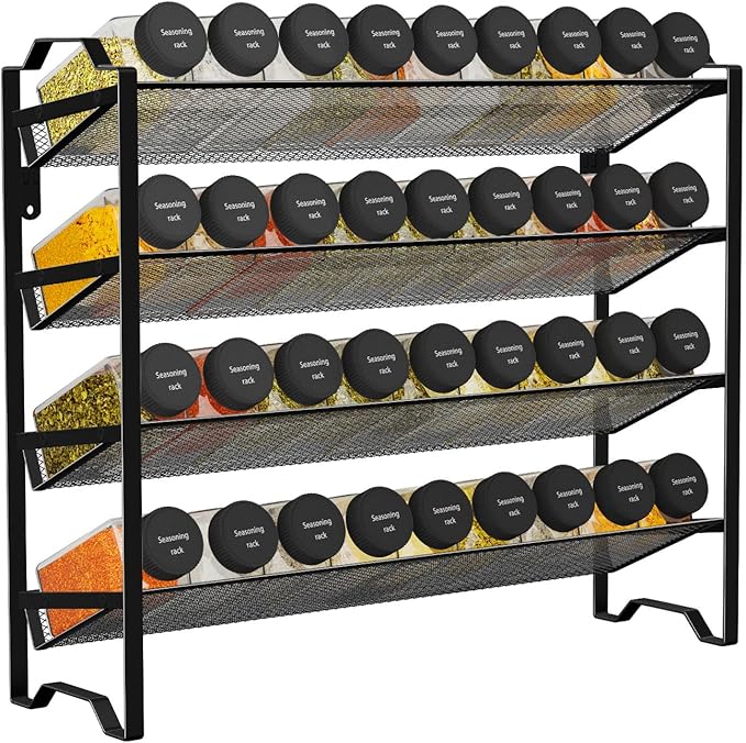 Simple Trending 2 Pack 4 Tier Spice Rack Organizer,Stackable Kitchen Counter Shelves,for Cabinet,Countertop,Pantry, Door or Wall Mount, Metal Mesh,Jars not Included, Black