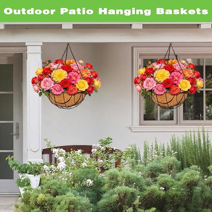 2 Pack 12 Inch Black Metal Hanging Basket Hanging Planter with Coco Coir Liner Heavy Duty Hanging Flower Pot Holder for Indoor Outdoor Patio Garden Porch Balcony Decor (Earth)