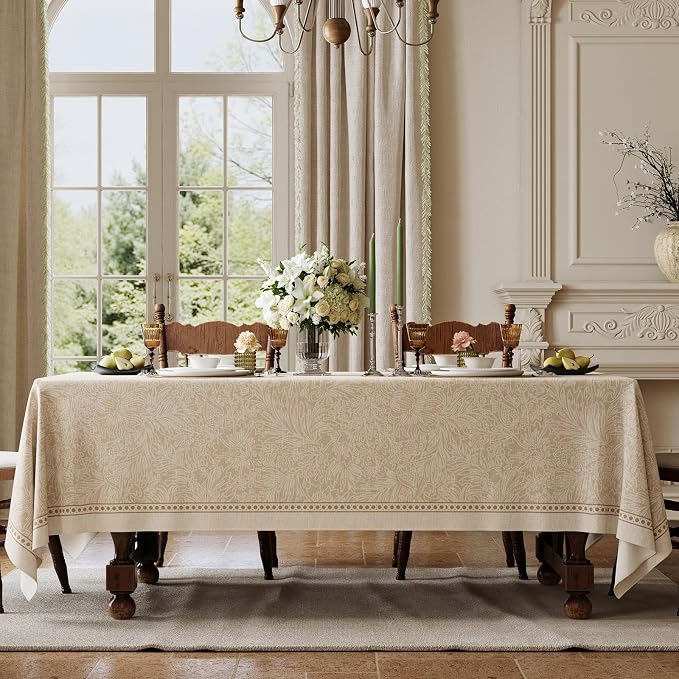 Beige Thick Linen Tablecloth for Rectangle Tables, Waterproof Wipeable Decorative Table Cover for Dining Kitchen Indoor Outdoor, 55" x 79", 4-6 Seats