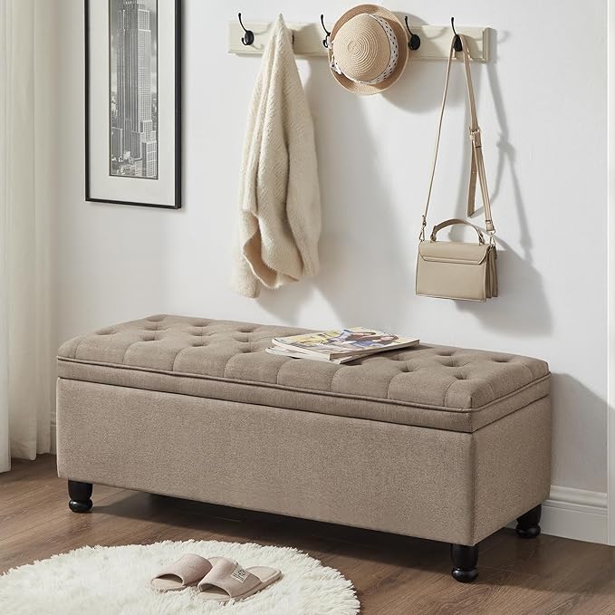 Betoko Linen Storage Benches for Bedroom End of Bed,Mid Century Modern Bed Ottoman Bench with Storage,Button Tufted 45" Long Storage Bench for Entryway Living Room Window (Linen Light Brown)