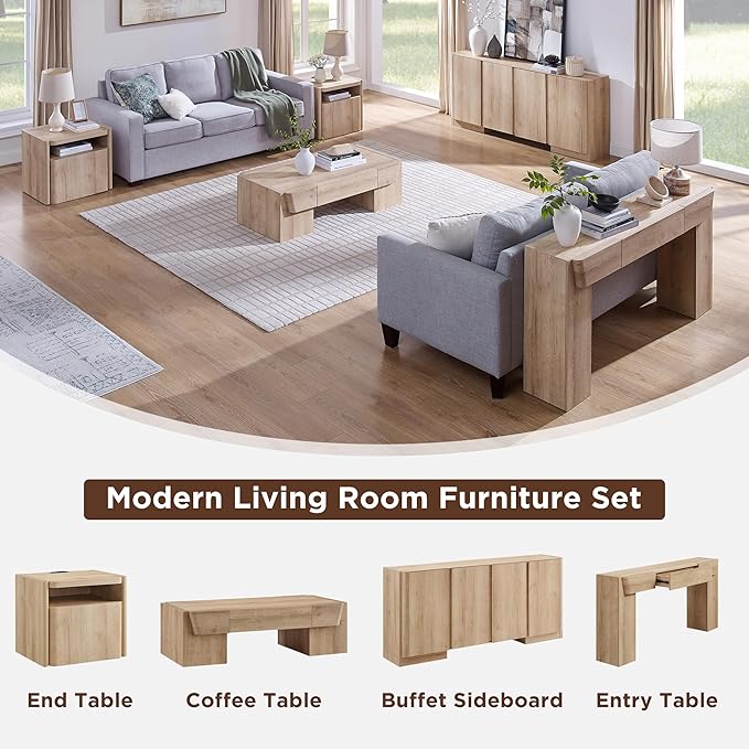 JXQTLINGMU 47" Modern Coffee Table with Storage, Wood Large Coffee Table with Drawer, Rectangle Center Table for Living Room, Natural Oak