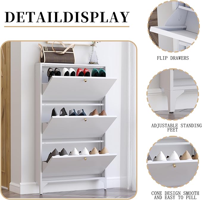 Shoe Storage Cabinet for Entryway with 3 Flip Drawers, Freestanding Shoe Organizer with Legs,Farmhouse Narrow Shoe Storage Cabinet for Entryway, Foyer,Living Room (3-Drawers, White)