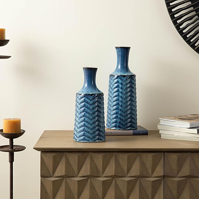 Glitzhome Blue Ceramic Vase Set, Modern Blue Vases for Home Decor, Farmhouse Vase for Centerpieces, Living Room, Mantel Centerpiece Shelf Decoration, Set of 2