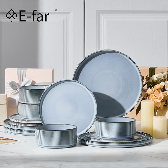E-far 24-Piece Stoneware Dinnerware Sets, Plates and Bowls Sets for 8, Kitchen Modern Dinning Porcelain Dishes Set, Chip & Scratch Resistant, Dishwasher & Microwave Safe, Dusty Blue