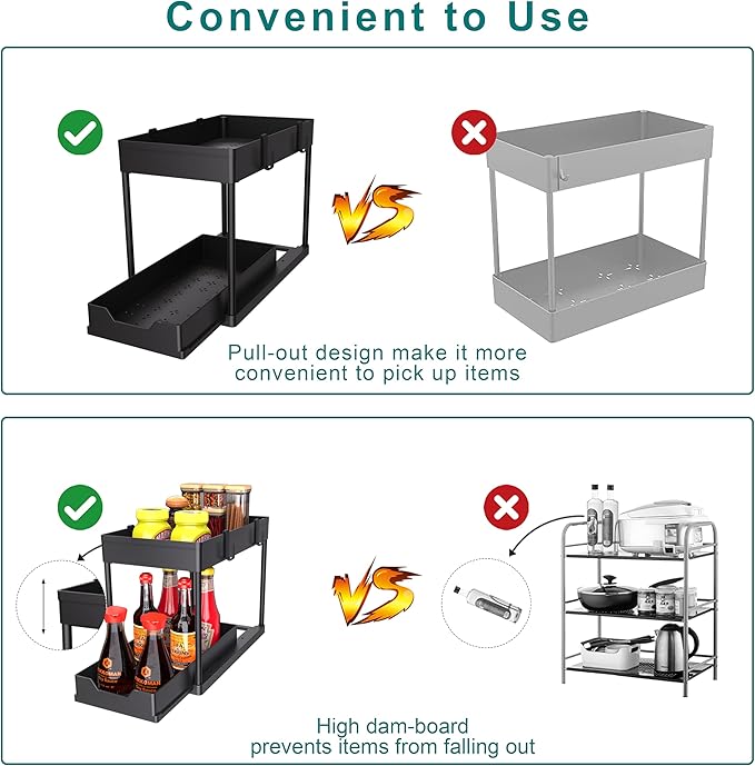 DEKAVA Under Sink Organizer 2 Pack, Bathroom Cabinet Organizer, 2 Tier Sliding Cabinet Basket Organizer Drawer, Multi-Purpose Bath Collection Baskets for Bathroom (Black)