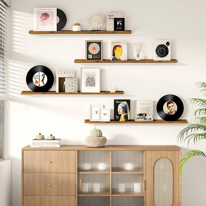 Fun Memories Picture Ledge Shelf, 32 Inch Floating Shelves Set of 2, Large Nursery Book Shelves for Toys Storage, Kids Bookshelf Wall Mounted for Wall Decor Books Photo Frames, Rustic Brown