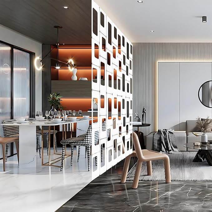 ANMINY 24 PCS Hanging Room Divider Decorative Thick Wall Privacy Screen Panels Set Modern Geometric Pattern Hollow Out Design for Bedroom Living Dining Room Kitchen Office Restaurant Decor - White