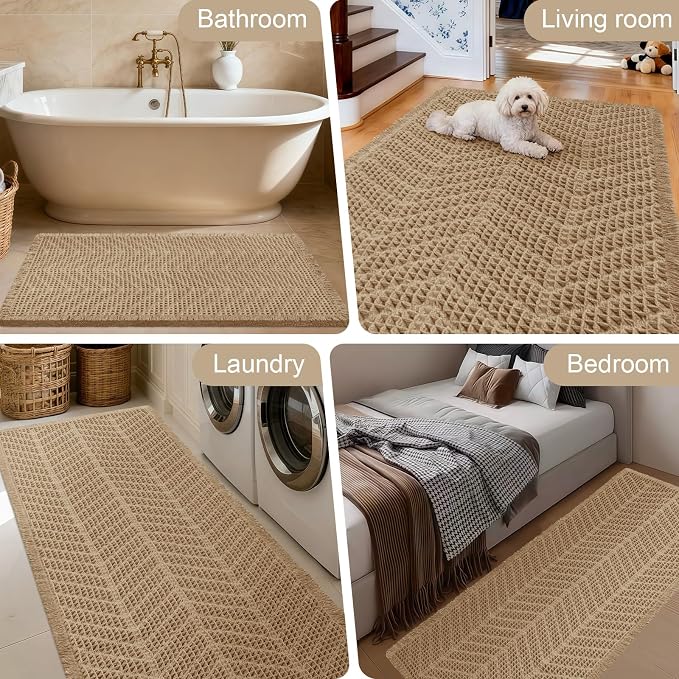Upgraded Waffle Bath Mat, 32"x20" Beige-Herringbone, Super Absorbent Non-Slip Quick Dry Bathroom Rugs with Tassels, Machine Washable Ultra Soft Boho Bath Rugs, Toilet Mats Boho Farmhouse Decor