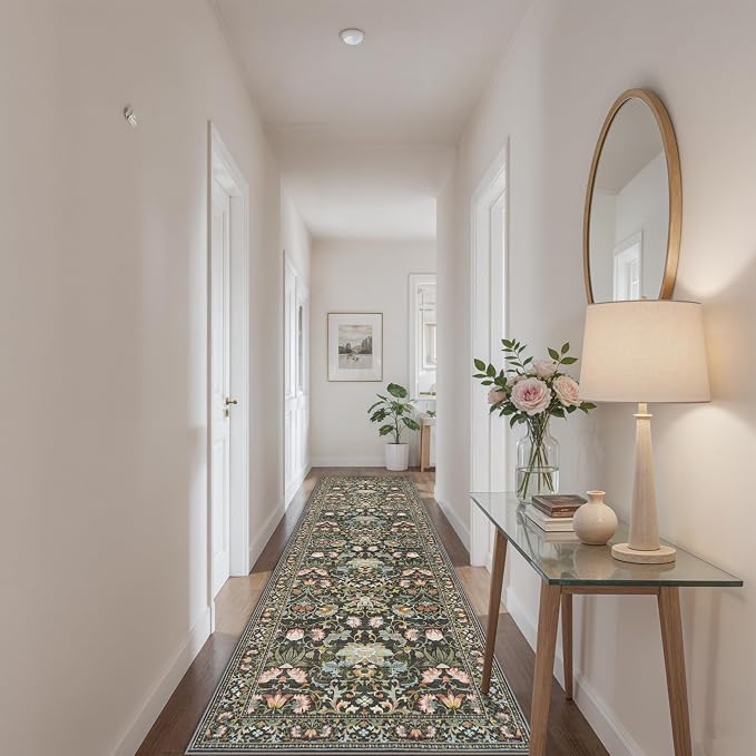 Wide Hallway Washable Runner Rug: 3x10 Water-Resistant Entryway Area Rug Vintage Soft Carpet for Living Room Non Slip Indoor Farmhouse Floor Mat for Bathroom Laundry Room(3x10,Green)