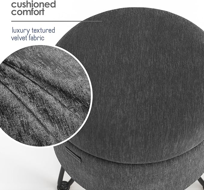 Round Ottoman with Storage, Textured Velvet Storage Ottoman, Foot Stool Ottomans, Makeup Vanity Stool, Small Ottomans Foot Rest, Modern Vanity Stools for Living Room and Bedroom, Grey