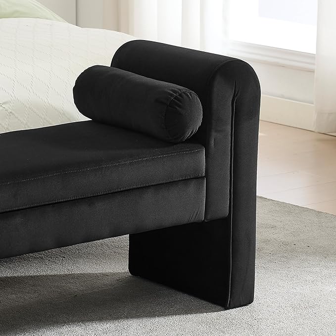 Velvet Bench for Bedroom End of Bed, 60.5- inch Upholstered Button Tufted Ottoman Bench with Rolled Arms, Button-Tufted Ottoman for Living Room, Entryway (Black)