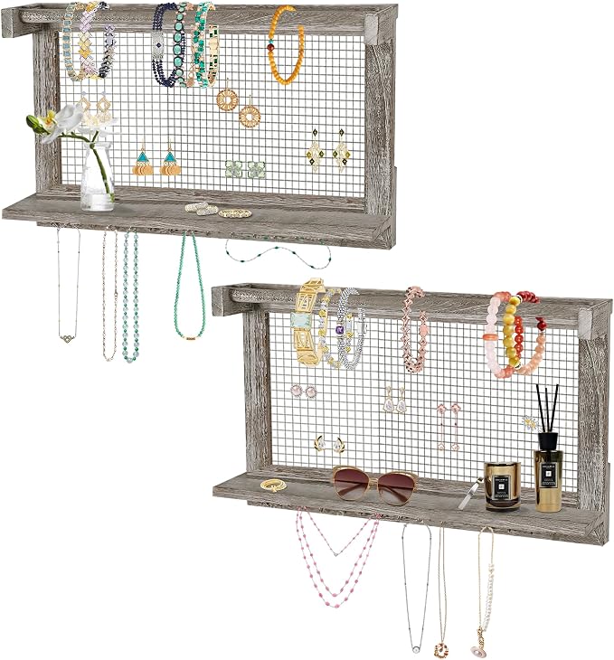 Jerry & Maggie Wall Mounted Jewelry Organizer, Wooden Necklace Holder Hanger with Hooks, Wall Jewelry Organizer Wall Mount for Necklace Display (2 Pack)