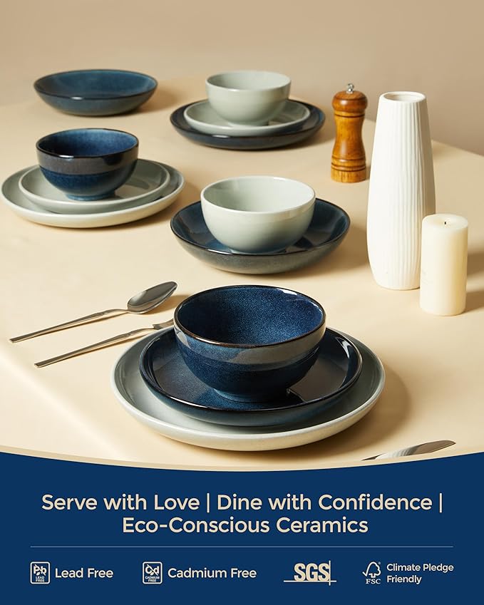 Pokini 32 Piece Double Bowl Dinnerware Sets with Pasta Bowls, Highly Chip and Crack Resistant Plates and Bowls Sets, Natural Earthyware Ceramic Dishware Sets, Service for 8 Starry Blue