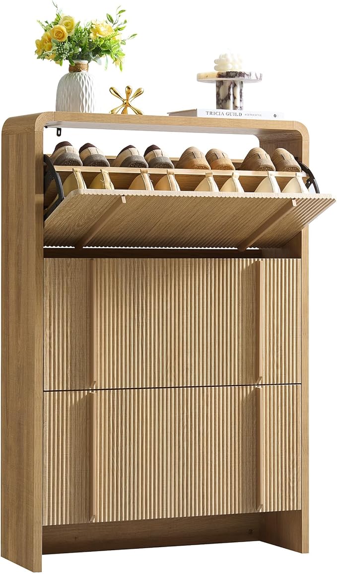 AMERLIFE Shoe Cabinet with 3 Flip Drawers, Fluted Shoe Organizer with Adjustable Shelf for Space-Saving, Freestanding Shoe Storage Rack for Entryway, Hallway, Natural Oak