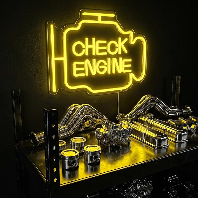 Check Engine Light Neon Sign for Man Cave & Garage, Large Size LED Wall Art, USB Powered, Funny Gift for Dad, Car Guys on Birthday & Father‘s Day - 15.7x11.8in Yellow Sign