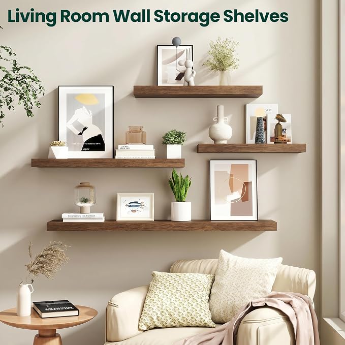 Floating Shelves for Wall 24 in x 9.3 in Deep, Wall Mounted Rustic Wood Shelf with Invisible Brackets for Storage & Display, Living Room Bedroom Bathroom, Walnut, 2 Pack