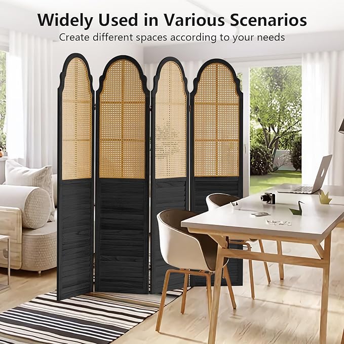 4 Panel Wood Room Divider, Folding Privacy Screen, Rattan Room Divider Wall, Foldable Wood Divider Wall, Portable Partition Screen Room Deco Divider for Room Separation Bedroom Garden (Black)