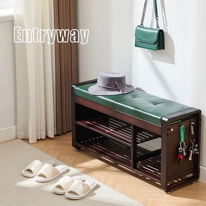 Nnewvante 37.4" Shoe Rack Bench with Leather Cushion, 3-Tier Bamboo Shoe Storage Bench with Drawer and 3 Side Hooks, Sturdy Entryway Bench Supports 330 lb for Hallway, Living Room, Bedroom