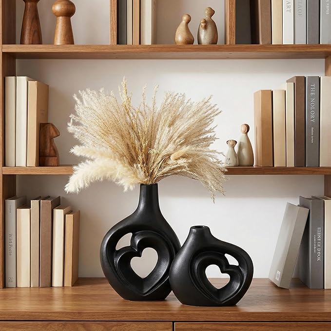 Matte Black Heart Shaped Hollow Ceramic Vase Set of 2, Modern Minimalism Styles, Mid Century Nordic Aesthetic Decorative Vases for Home Table Decor, 8.5in