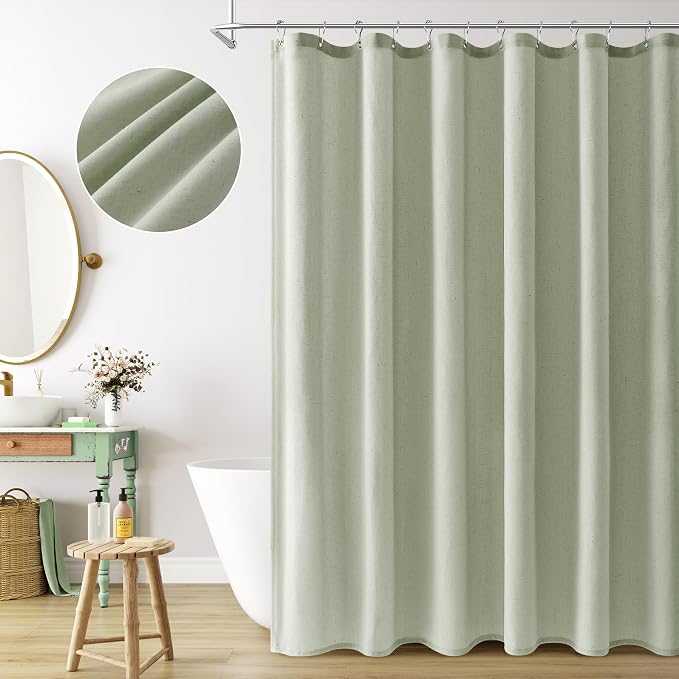 Naturoom Mist Sage Linen Shower Curtain, Country Boho Farmhouse Bath Decor Shower Curtains Neutral Cloth Weighted Textured Fabric Bath Curtain Liner with Hooks, 72x84